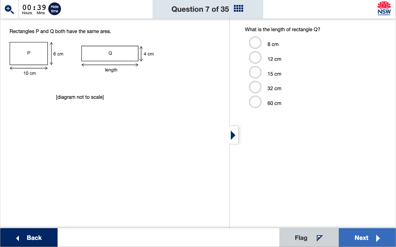NSW Department of Education official online practice test — question 7 of 35, rectangle diagram with five answer options.