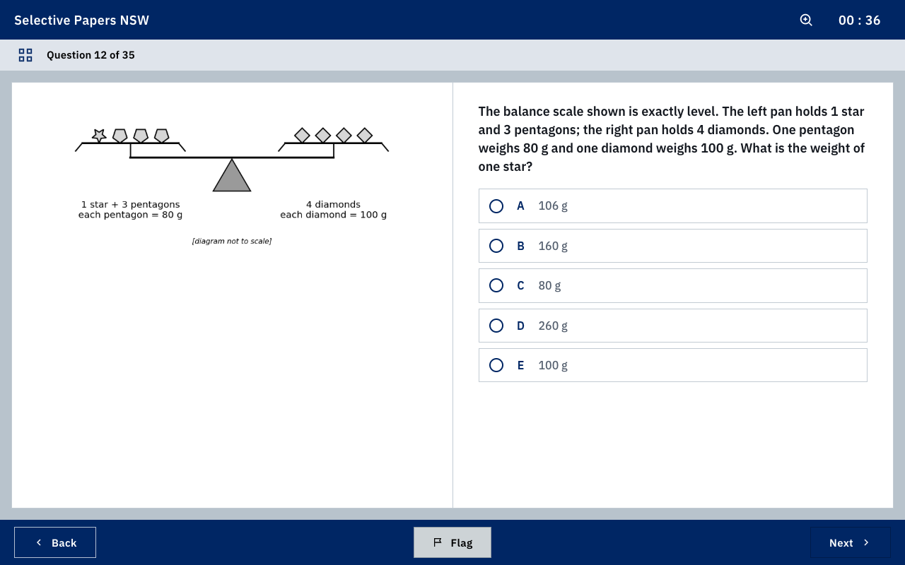 Selective Papers NSW online test player — question 12 of 35, balance-scale diagram with five answer options.