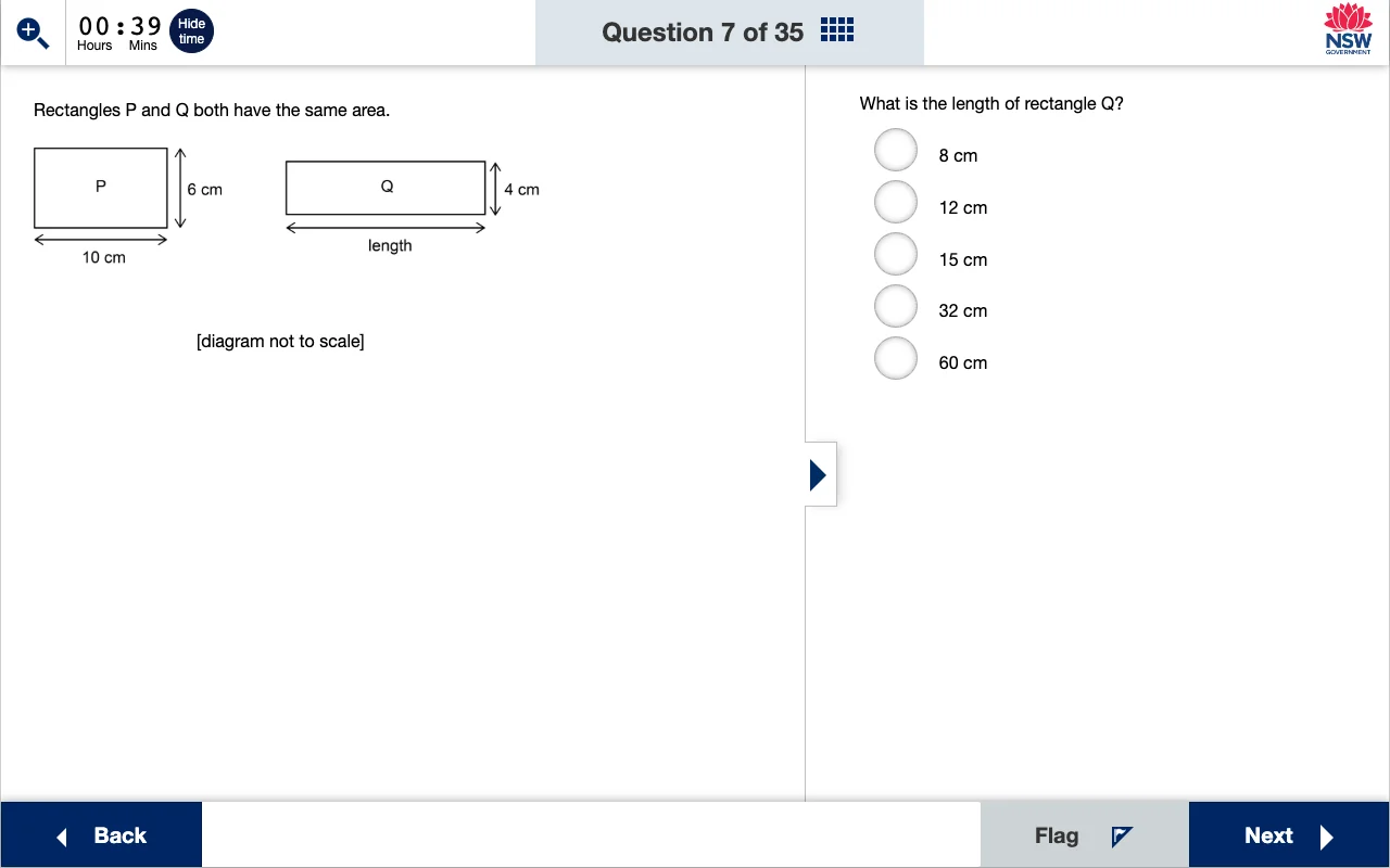 NSW Department of Education official online practice test — question 7 of 35, a rectangle diagram in the left pane and five answer options in the right, with the same countdown timer, question counter and Back / Flag / Next controls.