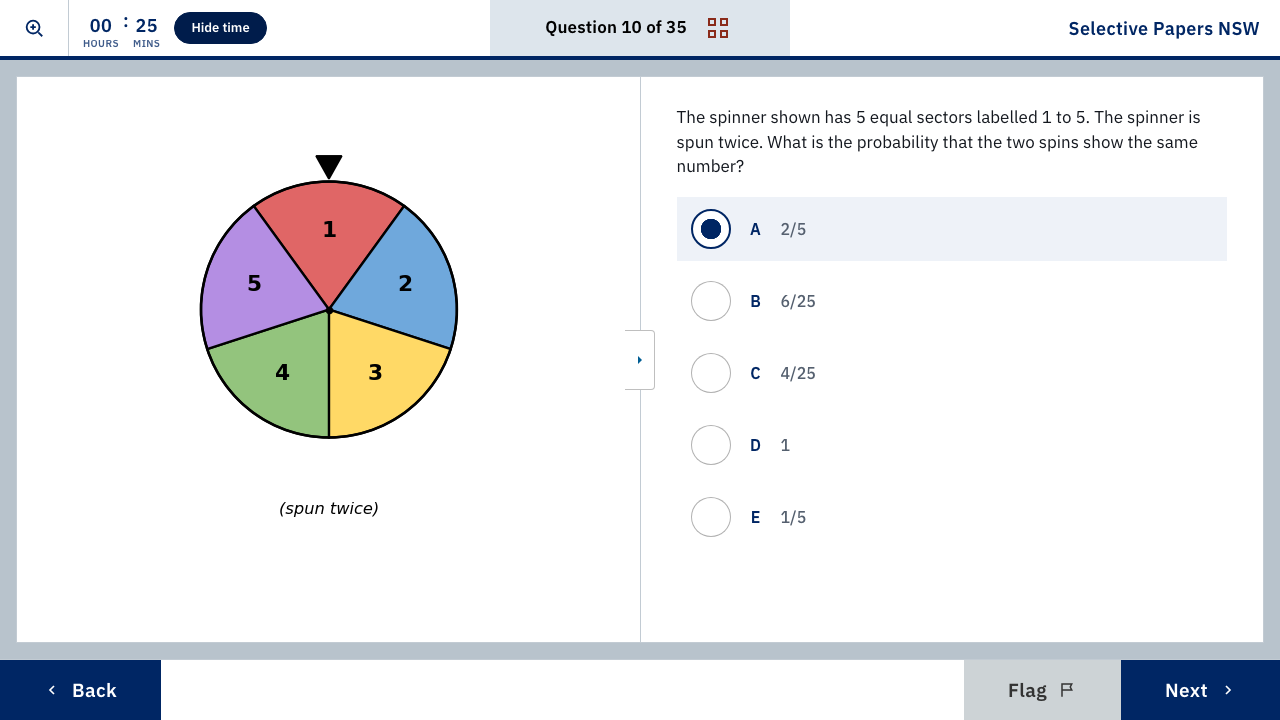 Selective Papers NSW online test player — question 10 of 35, probability spinner diagram with five answer options.